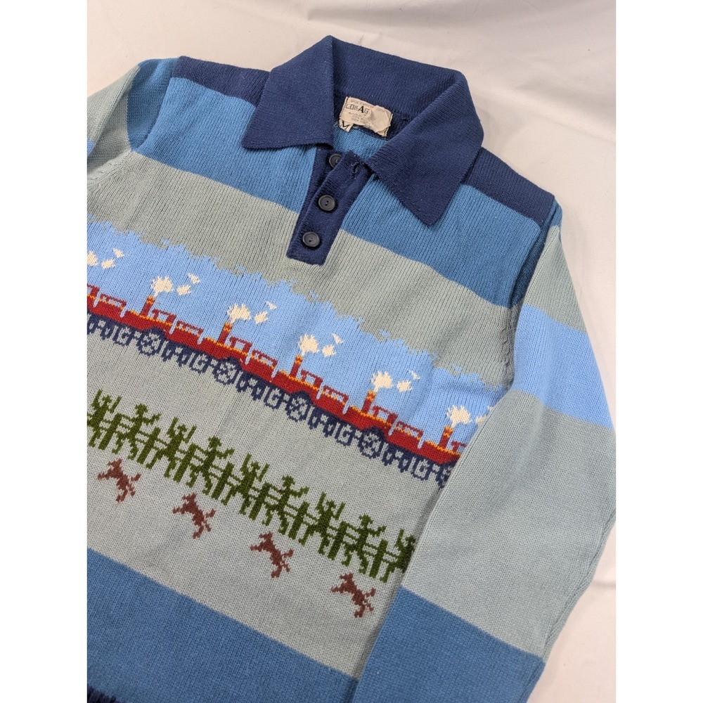 Vintage 60/70s Collageman Cowboy Train Blade Collar Acrylic Pullover Sweater Med